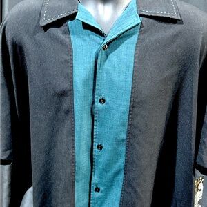 Steady: Men's Black and Teal Retro Bowling Shirt Big/Tall- 3XL